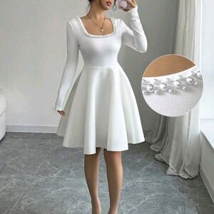 Elegant White Dress with Pearl Detailing